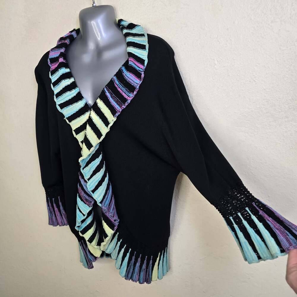 The Pyramid Collection Black Multi-Color Ruffle Open Front Cardigan XL - Picture 4 of 8